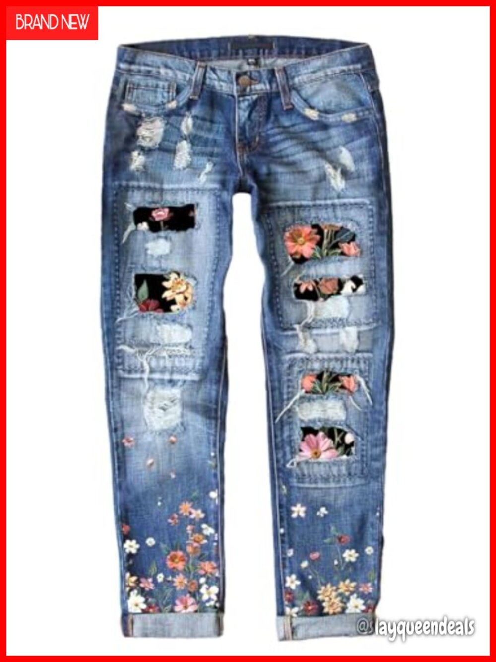 Plaid Patch Ripped Boyfriend Distressed Stretch Skinny Denim Jeans with Hole